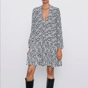 Zara long sleeve black and white smocked dress